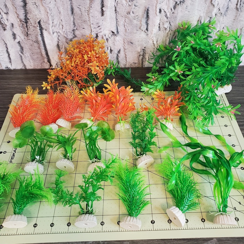 18 Pc Artificial Fish Tank Plants Fake Plastic Orange &‎ Green Plants Aquarium